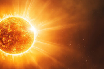 Bright sun radiating warmth and energy, surrounded by solar flares and cosmic particles, creating stunning celestial display