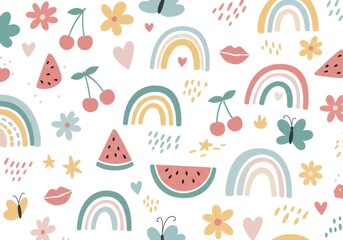 Fototapeta premium Cute summer pattern, colorful doodles, rainbows, watermelon slices, cherries, flowers, butterflies, stars, lips, hearts, pastel colors, cheerful, whimsical