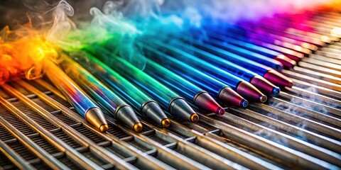 Feminine long exposure markers, opal white, smoky haze on metal grate.