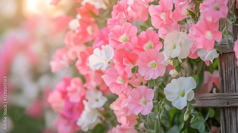 Sticker Pink and white flowers bloom in garden