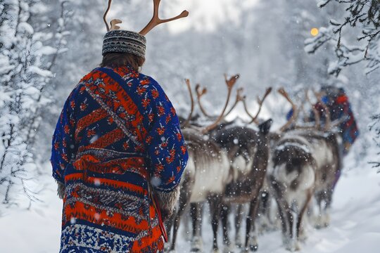 A Sami reindeer herder in a g??kti tunic, leading his animals through snowy tundra.