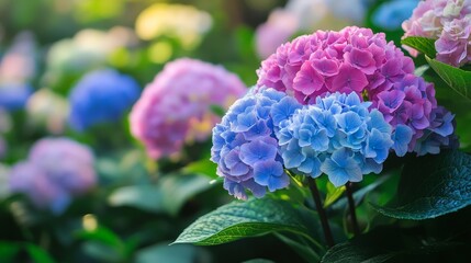 Vibrant Hydrangeas in a Lush Garden Setting