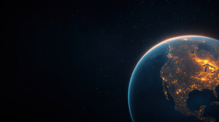Fototapeta premium Earth illuminated at night, showcasing city lights and natural beauty. image captures planet vibrant energy and interconnectedness