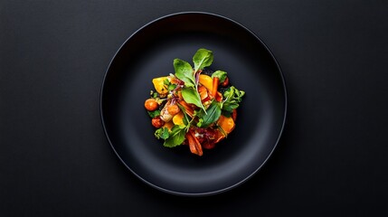 Vibrant Fusion Cuisine Display, intricate garnishes, modern plating, bold colors, contemporary dining experience, culinary artistry