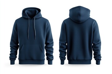 navy blue athletic hoodie, front and back view, isolated on a white background.