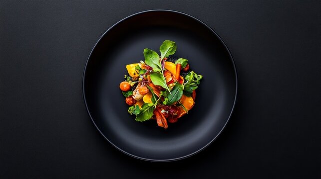 Vibrant Fusion Cuisine Display, intricate garnishes, modern plating, bold colors, contemporary dining experience, culinary artistry