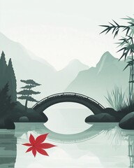 Illustration of a tranquil Chinese garden in a minimalist style. A small stone bridge arches over a calm koi pond, surrounded by bonsai trees and delicate bamboo.