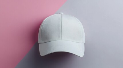 White baseball cap lying centered on divided pink & purple background