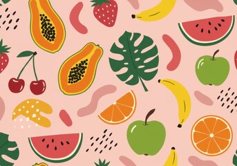 Colorful tropical fruit pattern, playful abstract shapes, vibrant summer palette, papaya, banana, strawberry, watermelon, monstera leaf, cherry, orange slice, apple