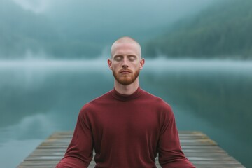Fototapeta premium Serene meditation by tranquil lake, surrounded by misty mountain