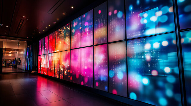 Abstract concept of a giant multimedia wall with digital screens and gradient lighting in a minimalist futuristic design, showcasing the potential of advanced digital technology and communication syst