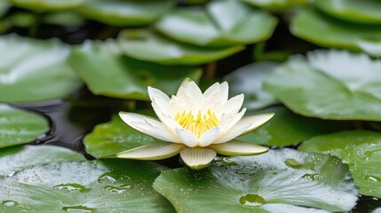 White water lily blooms in pond, green leaves background, nature serenity, perfect for websites