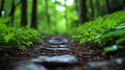 stone path through a lush green forest