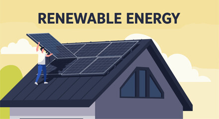Man using photovoltaic panel system in his house. Renewable energy, go green concept. Colorful illustration
