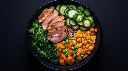Modern Fusion Bowl, close-up view featuring a geometric arrangement of grains, proteins, and fresh ingredients in an artistic presentation.
