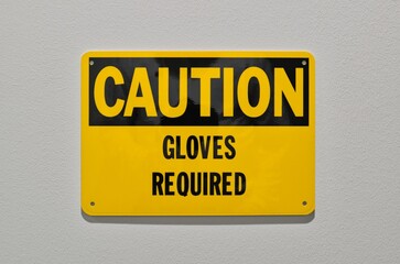 Caution gloves required safety sign notice on wall industrial occupation.