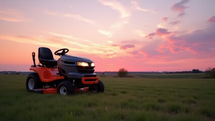 Fototapeta premium Riding lawn mower, Retro lawn mower on field under pinkish twilight glow