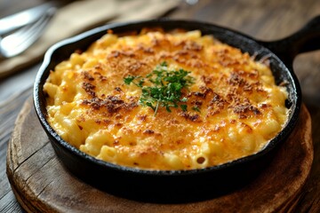 Delicious baked macaroni and cheese in cast iron skillet on wooden table