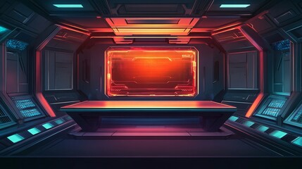 Obraz premium Futuristic SciFi Room Interior Design Red Orange Neon Lights Digital Art Modern Technology Background Spaceship Bridge Control Panel Room Futuristic 
