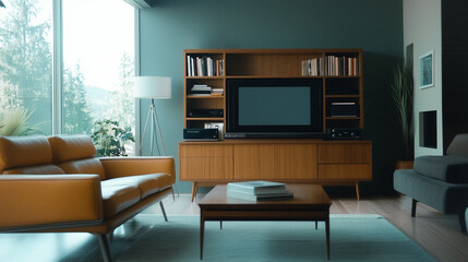 Modern Living Room: A well-designed living room interior with a retro-inspired wooden media cabinet housing a television and decorative items, a comfortable sofa.
