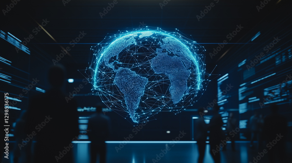 Poster global network: a futuristic digital representation of the globe pulsates with interconnected networ
