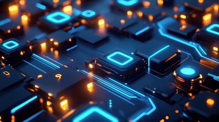 Glowing neon blocks on tech surface. Circuitry, connection, connectivity, dark futuristic background