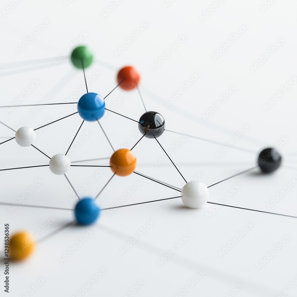 Poster interconnected network: pins linked by threads create a complex, interconnected network against a sm
