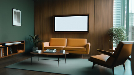 Modern Living Room: A stylish living room interior showcases a blend of mid-century modern design. A flat-screen television hangs above a sofa, creating a focal point against the wooden paneling.