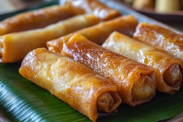 Delicious crispy filipino turon banana spring rolls on a banana leaf platter