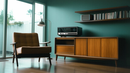 Living Room with Vintage Charm: A serene indoor space showcasing a vintage audio system, wooden furniture, books, and a comfortable armchair, bathed in the soft glow of natural light.