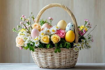 Easter basket with colorful eggs and fresh spring flowers arrangement