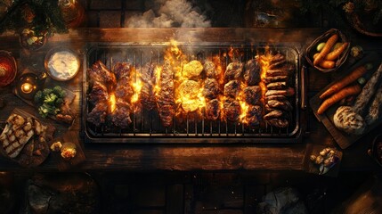 Grilling assorted meats and vegetables atop a wooden table, steam rising in a rustic setting