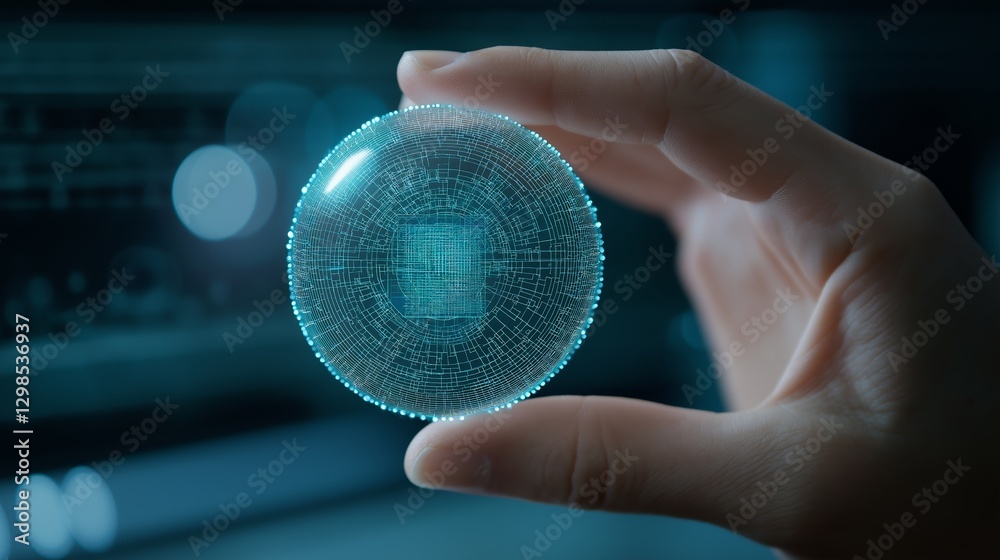 Poster hand holding a glowing digital sphere with intricate patterns representing advanced technology and d