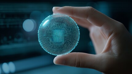Hand holding a glowing digital sphere with intricate patterns representing advanced technology and data processing