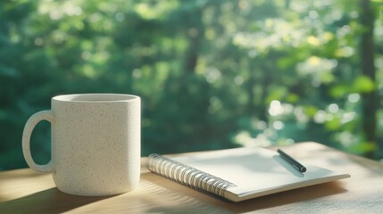still life of mug, notepad, and pen on table