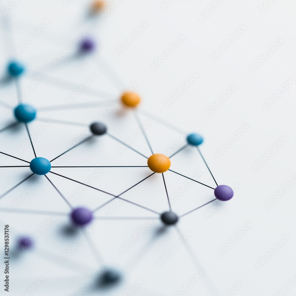 Poster interconnected dots: a vibrant network of colorful dots linked by lines, symbolizing connectivity, c