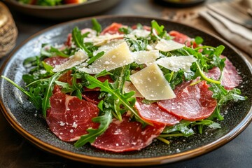 Italian bresaola salad with arugula and parmesan cheese in rustic setting