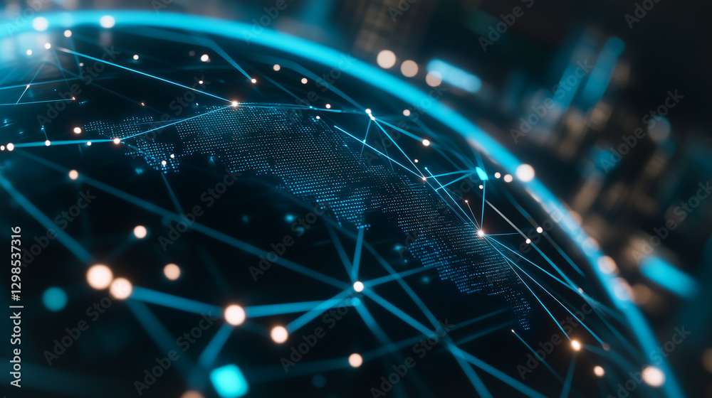 Poster global network: an intricate network of interconnected nodes and lines enveloping a digital earth, a