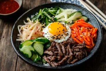 Delicious korean bibimbap with beef, vegetables, and egg in black bowl