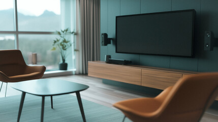 Modern Living Room: A modern living room interior, with a large screen tv and stylish furniture creates a minimalist aesthetic. natural light streaming through a large window.
