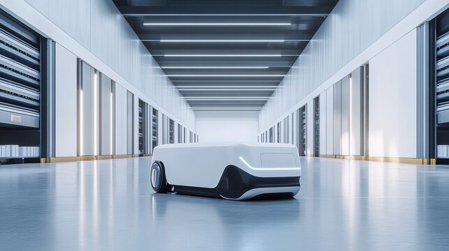 Autonomous Mobile Robot in Modern Warehouse Futuristic Automated Storage System Technology Innovation Clean White Robot AI data room smart chain racks