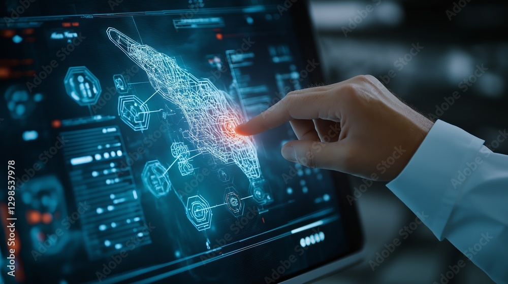 Poster hand interacting with a digital touchscreen display showing futuristic data and graphics in a modern