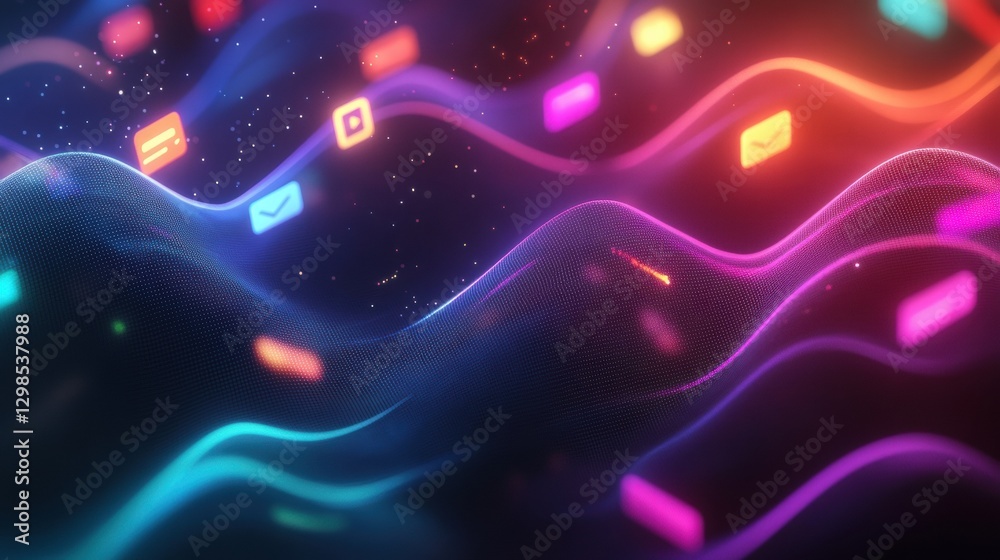 Poster Colorful digital waves display various communication icons in a modern abstract design. Generative AI