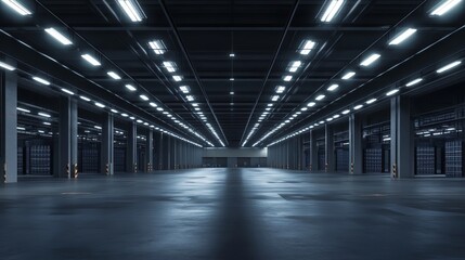 Modern Industrial Warehouse Interior Spacious Empty Hall Bright Fluorescent Lighting Dark Concrete Floor Large Empty Room Industrial Design           