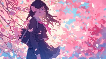 A Schoolgirl Standing Under Blooming Cherry Blossoms in the Spring Breeze