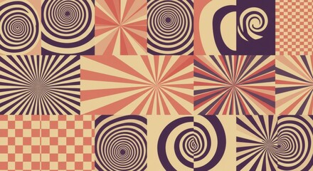 Naklejka premium Retro geometric patterns, Optical illusions, Pastel color palette, Swirls and spirals, Checkered designs, Wavy lines, Sunburst motifs, Abstract background