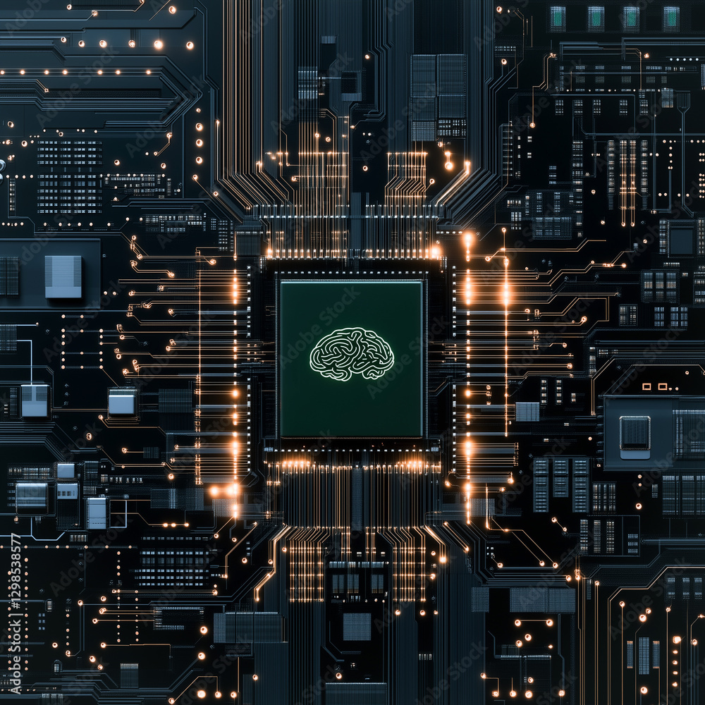 Poster digital brain: a captivating, futuristic view of a circuit board with an illuminated brain represent