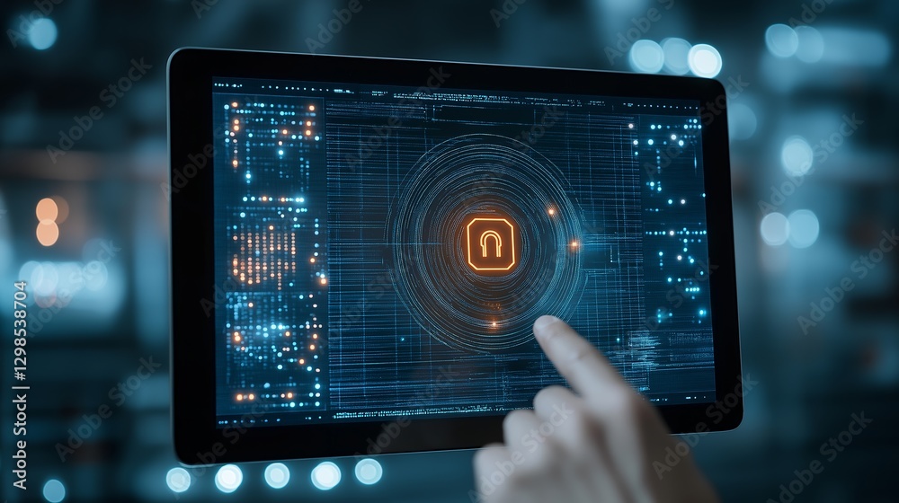 Poster interactive digital padlock interface displayed on a tablet screen showing security features and dat