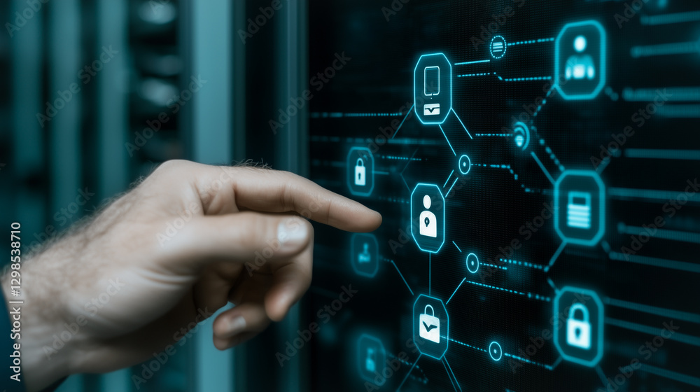Poster digital security touch: a hand interacts with an illuminated interface showcasing digital security m