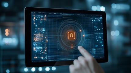 Interactive digital padlock interface displayed on a tablet screen showing security features and data connectivity